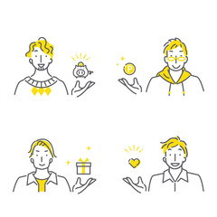 お得な特典に満足して喜ぶ若い男性のシンプルでおしゃれな線画素材セット