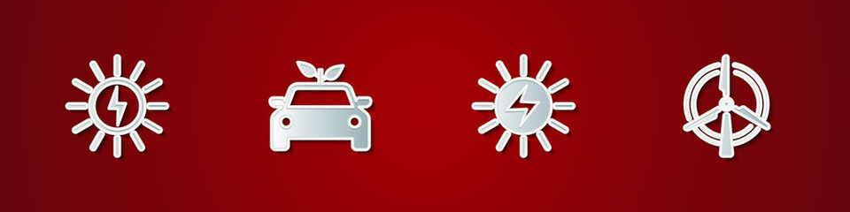 Set Solar energy panel, Eco car concept drive, and Rotating wind turbine icon. Vector