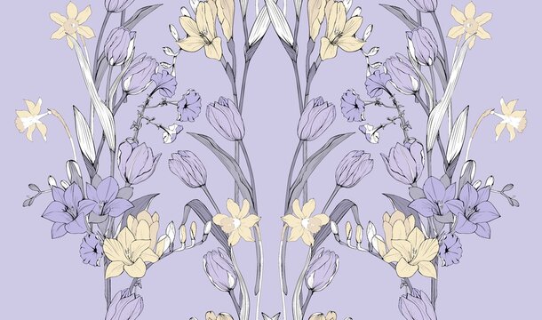 Bouquets of flowers on a lavender background. Seamless vector pattern for home textiles.