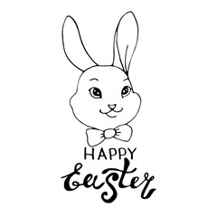 Happy Easter-an inscription and a simple contour drawing of the face of a cute rabbit in the style of doodles. Vector template for greeting card, invitation, poster, holiday coloring pages