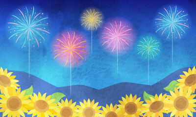 Fototapeta na wymiar 夏の花火とひまわりの水彩風ベクターイラスト風景(背景)