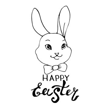 Happy Easter-an inscription and a simple contour drawing of the face of a cute rabbit in the style of doodles. Vector template for greeting card, invitation, poster, holiday coloring pages