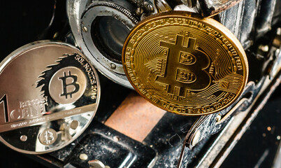 Bitcoin covered by the network. Concept on the threat of digital currency