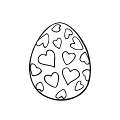 Vector black outline easter egg with hearts. Holiday illustration in hand drawn doodle style for gift card certificate banner sticker, stamp, logo, icon label, coloring book page