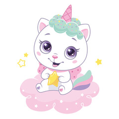Cute cat unicorn with little star sitting on pink cloud. Caticorn vector cartoon illustration for kids.