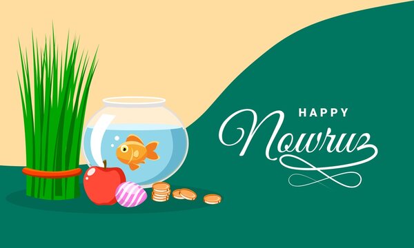 Vector illustration of a goldfish in a glass bowl, green grass, red apples, colored eggs and coins, as a symbol of the celebration of International Nowruz Day and Happy Nowruz.