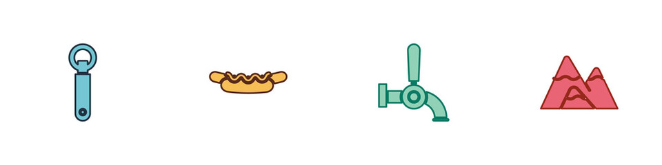 Set Bottle opener, Hotdog sandwich, Beer tap and Mountains icon. Vector