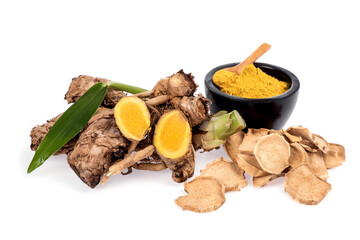 Zingiber montanum or phlai rhizome and powder isolated on white background.