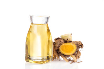 Zingiber montanum or phlai rhizome and oil isolated on white background.