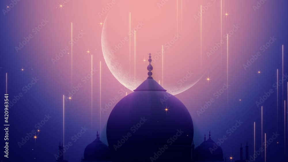 Wall mural ramadan kareem background loop. silhouette of taj mahal with particle glitter glow and crescent moon