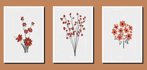 A set of three minimalist pastel posters. Backgrounds for social networks, web design, interiors. Vintage cute illustrations with flowers, blooming plants, leaves from thin black lines.