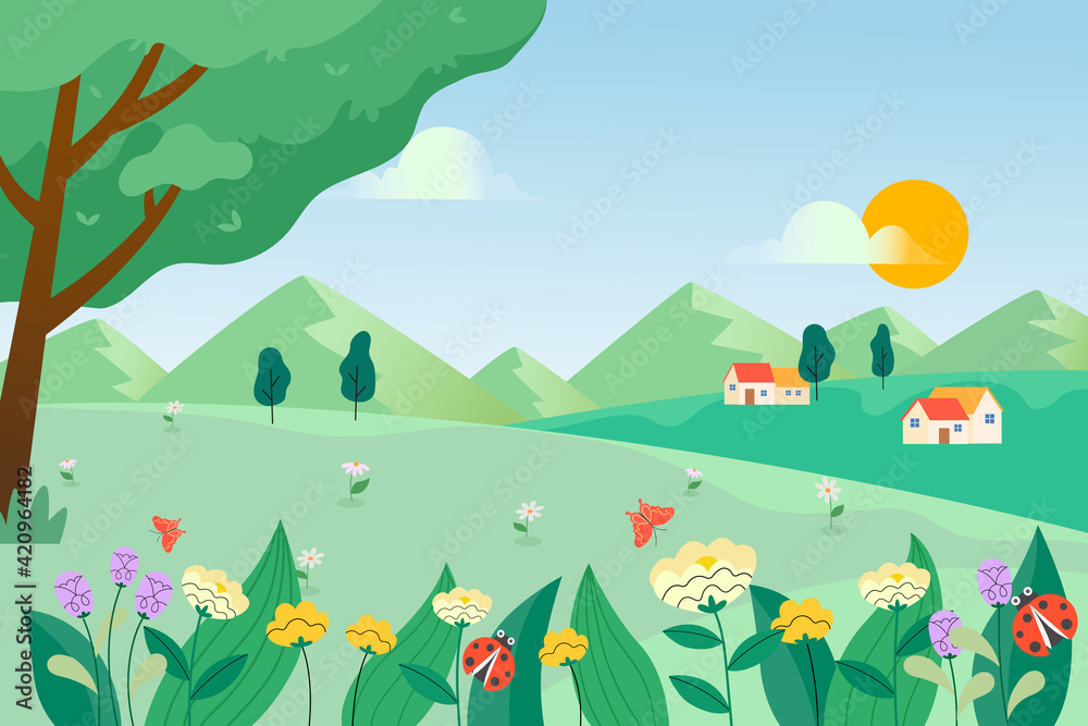 Wall mural beautiful spring natural landscape illustration