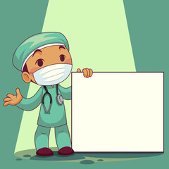 doctor wearing medical mask with whiteboard label cartoon character. COVID-19 outbreak medical staff. vector illustration.
