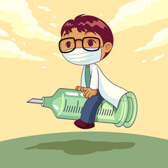 doctor wearing medical mask with vaccine cartoon character. COVID-19 outbreak medical staff. vector illustration.