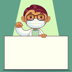 doctor wearing medical mask with whiteboard label cartoon character. COVID-19 outbreak medical staff. vector illustration.