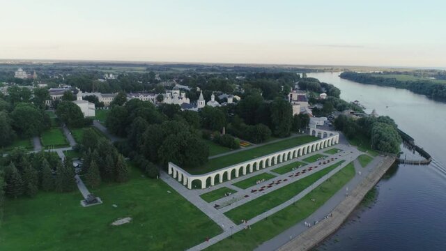 Russia, Velikiy Novgorod. Aerial View of Russian Orthodox Church. Novgorod Detinets also Novgorod Kremlin