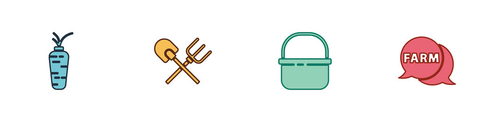 Set Carrot, Shovel and rake, Basket and Speech bubble with Farm icon. Vector