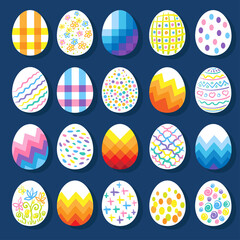 Happy Easter card. Collection of twenty decorative colorful eggs.Isolated on a dark blue background. Vector flat illustration.