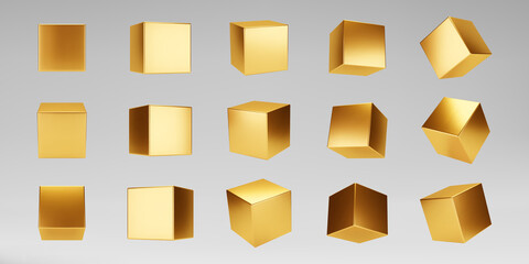 3d gold metallic cubes set isolated on grey background. Render a rotating glossy golden 3d box model with different angles in perspective with lighting and shadow. Realistic vector geometric shapes - obrazy, fototapety, plakaty