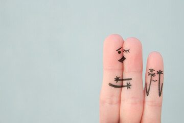 Fingers art of happy family. Concept of couple kisses,  child spies on them.