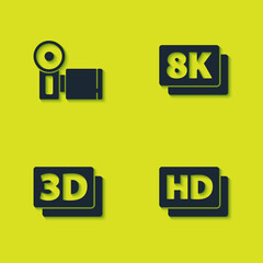 Fototapeta premium Set Cinema camera, Hd movie, tape, frame, 3D word and 8k Ultra HD icon. Vector