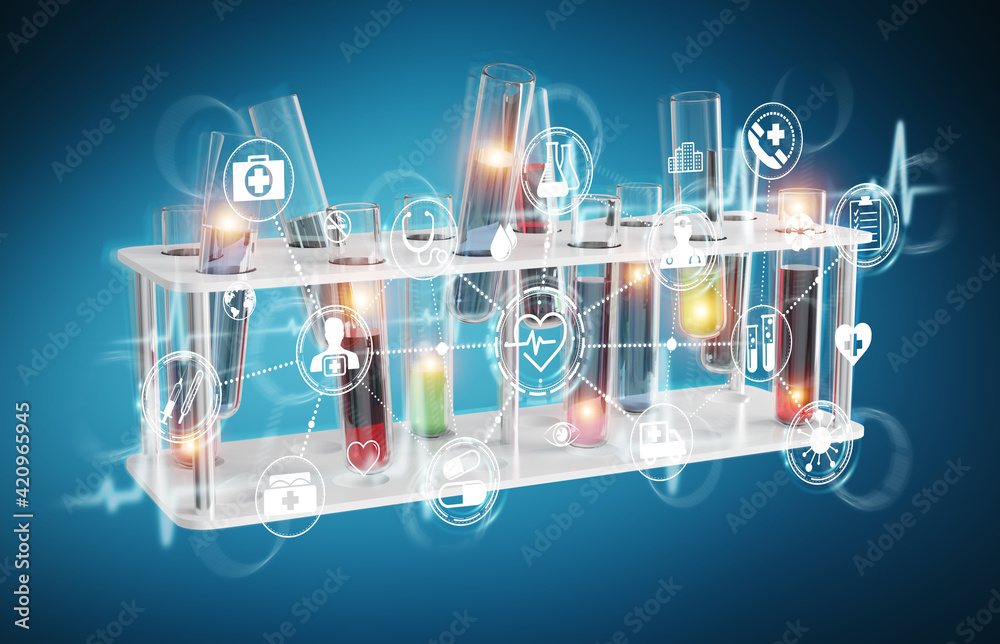 Aufkleber medical analysis in tubes samples on blue background 3d rendering