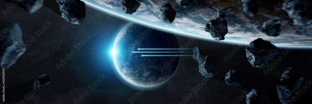 Poster panoramic space planets background. panorama of distant solar system with exoplanets 3d rendering el