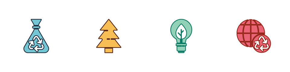 Set Garbage bag with recycle, Christmas tree, Light bulb leaf and Planet earth and recycling icon. Vector