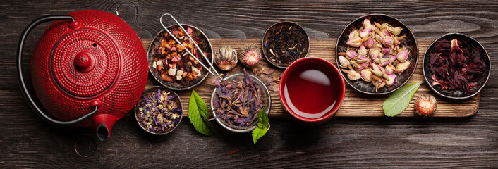 Various herbal tea, teapot and cup