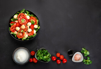 Delicious Italian caprese salad with sliced tomatoes and mozzarela on dark background.