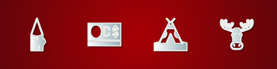Set Wooden log, Canadian dollar, Indian teepee or wigwam and Moose head with horns icon. Vector © vector_v