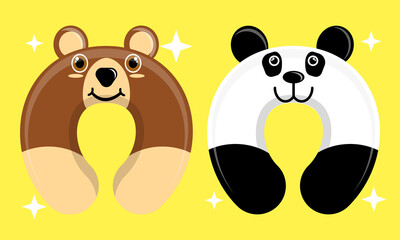 Illustration vector graphic cartoon character of patterned neck pillow of bear and panda. Suitable for the design of children's neck pillow products