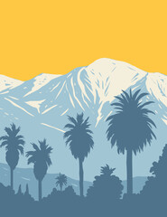 WPA poster art of San Gabriel Mountains National Monument located in Angeles and San Bernardino National Forest in California in works project administration style style or federal art project style. - 420966316