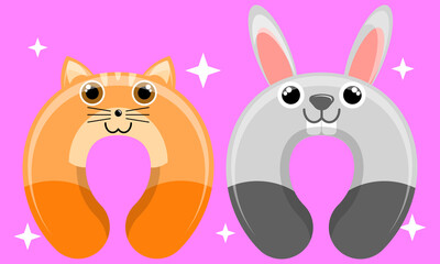 Illustration vector graphic cartoon character of patterned neck pillow of cat and rabbit. Suitable for the design of children's neck pillow products
