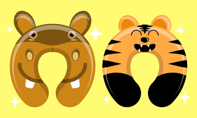 Illustration vector graphic cartoon character of patterned neck pillow of hippopotamus and tiger. Suitable for the design of children's neck pillow products