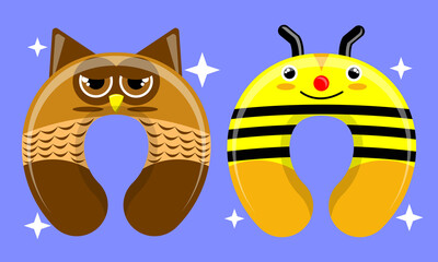 Illustration vector graphic cartoon character of patterned neck pillow of owl and bee. Suitable for the design of children's neck pillow products