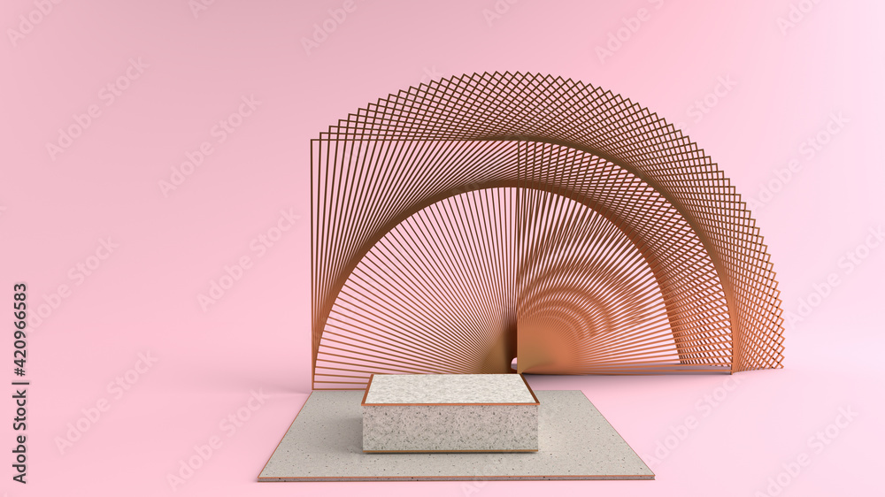 Wall mural 3d rendering of square marble pedestal. and bending a golden square frame into a overlap art dimensi