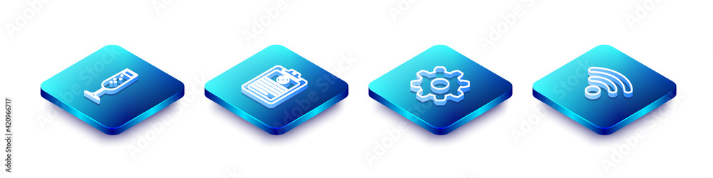 Sticker Set Isometric line Glass of champagne, Clinical record, Cogwheel gear settings and Wi-Fi wireless network icon. Vector