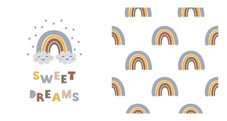 Seamless pattern with colorful rainbow and lettering phrase Sweet Dreams with smiling cloud on a white background. Scandinavian style . Modern vector  illustration