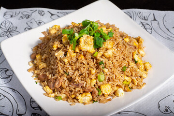 Peruvian traditional food. Rice with meat and vegetable, scramble eggs decorated with onian feather. Arroz chaufa