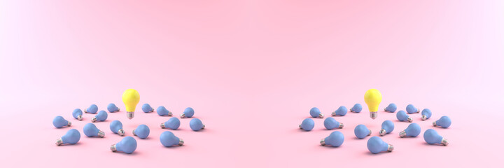 3D rendering of The yellow energy-saving lamp is floating on a blue light bulb placed on a pastel pink floor. and the pink background. concept for new ideas and Outstanding idea, illustration.