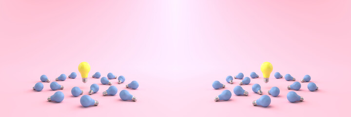 3D rendering of The yellow energy-saving lamp is floating on a blue light bulb placed on a pastel pink floor. and the pink background. concept for new ideas and Outstanding idea, illustration.