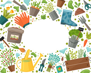 Garden frame with tools and plants. Gardening or horticulture concept. Design for flyer template, logo, print, packaging, card. Vector illustration.
