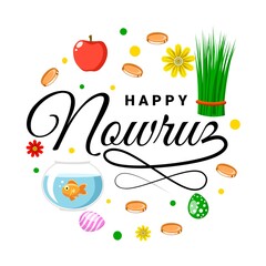 Vector illustration of a goldfish in a glass bowl, green grass, red apples, colored eggs and coins, as a symbol of the celebration of International Nowruz Day and Happy Nowruz.