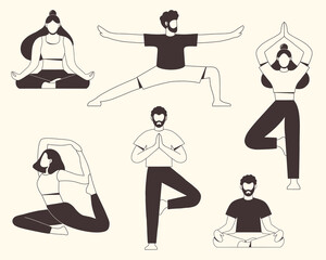 Collection of young people in yoga position. Physical and spiritual practice. The concept of yoga, meditation and relax. Health benefits for the body and mind. Flat vector illustration.