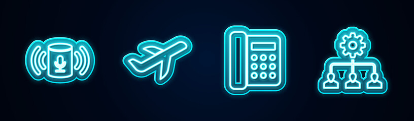 Set line Voice assistant, Plane, Telephone and Lead management. Glowing neon icon. Vector