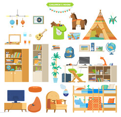 Children's Or Teen Room Interior Elements Flat Vector Set. Wooden Furniture, Wigwam, Toys, Working Place, Tv And Computer, Art Supplies, Decoration Elements.