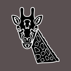 Hand-drawn abstract portrait of a giraffe. Sticker. Vector stylized illustration isolated on dark background.