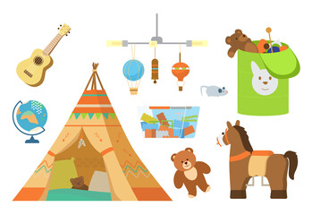 Playing Room Interior Elements And Toys Vector Set. Wigwam, Toy Box, Ukulele, Decorations. Isolated On White. © Александра Гвардейце