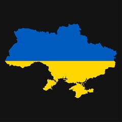 Ukraine map silhouette with flag on black background
